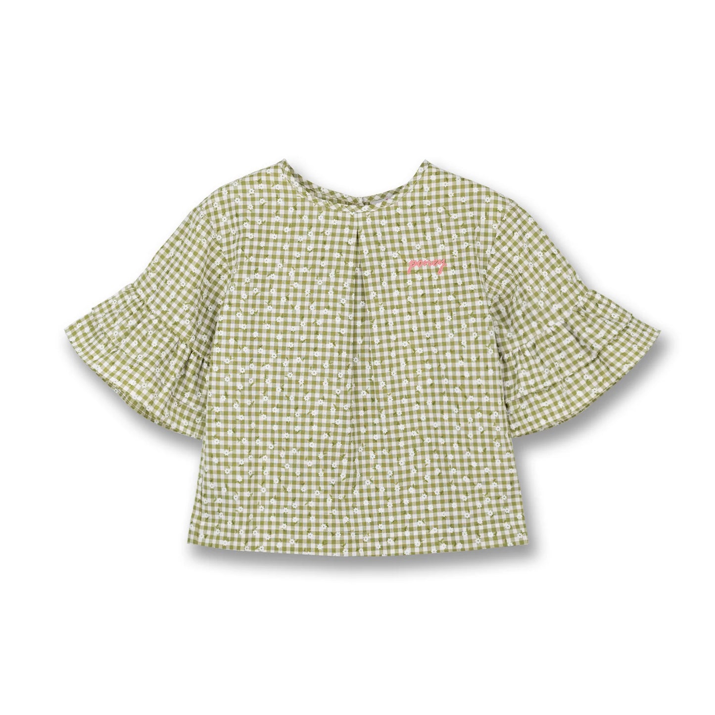 Poney Girls Green Gingham Daisy Short Sleeve Blouse