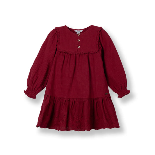 Girls Red Long Sleeve Jacquard Lace Dress